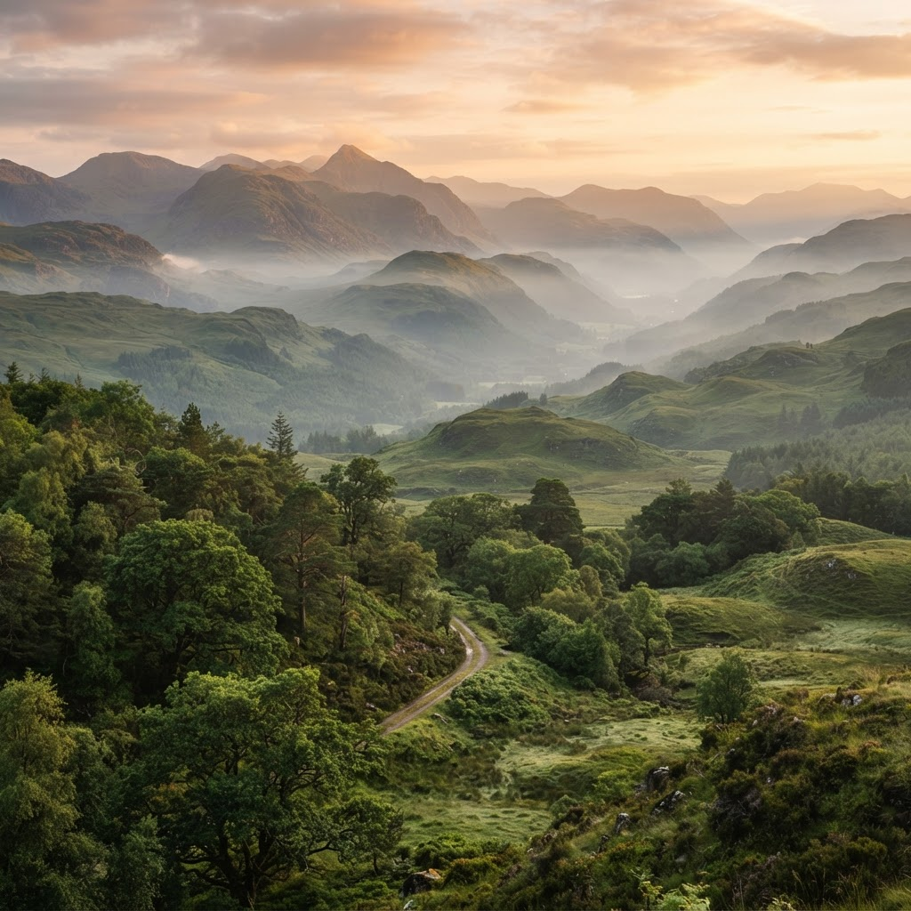 Misty rolling green hills fading into fog at golden hour